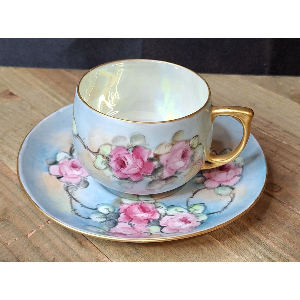 1880s MZ Austria Antique Hand Painted Pink Rose Lusterware Tea Cup & Saucer Set